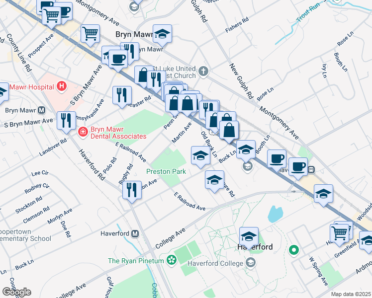 map of restaurants, bars, coffee shops, grocery stores, and more near 731 County Line Road in Haverford