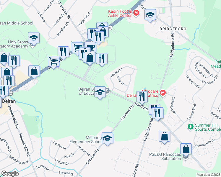 map of restaurants, bars, coffee shops, grocery stores, and more near 2 Ashley Drive in Delran