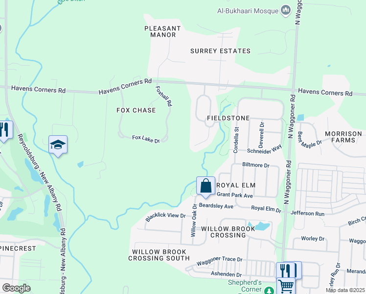 map of restaurants, bars, coffee shops, grocery stores, and more near 1528 Foxhall Road in Blacklick