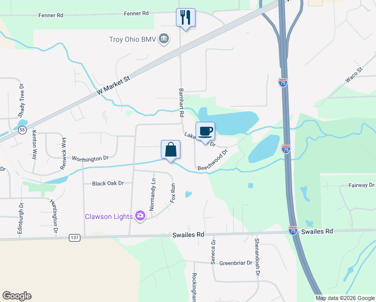 map of restaurants, bars, coffee shops, grocery stores, and more near 1620 Beechwood Dr in Troy