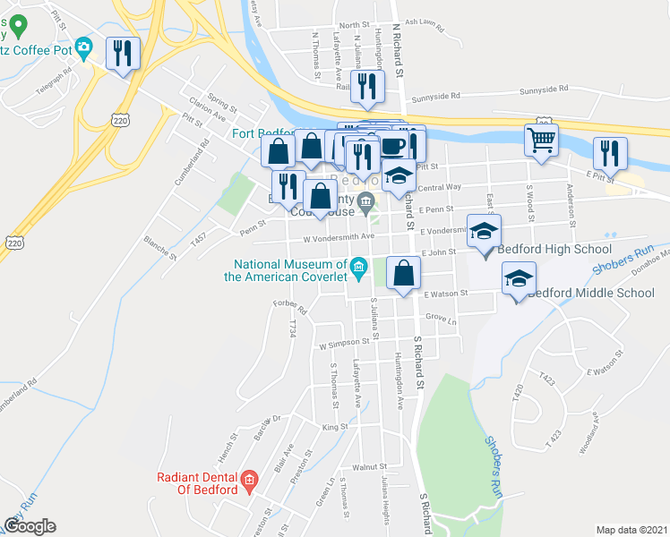 map of restaurants, bars, coffee shops, grocery stores, and more near 147 West John Street in Bedford