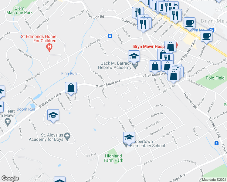map of restaurants, bars, coffee shops, grocery stores, and more near 103 Birches Lane in Bryn Mawr