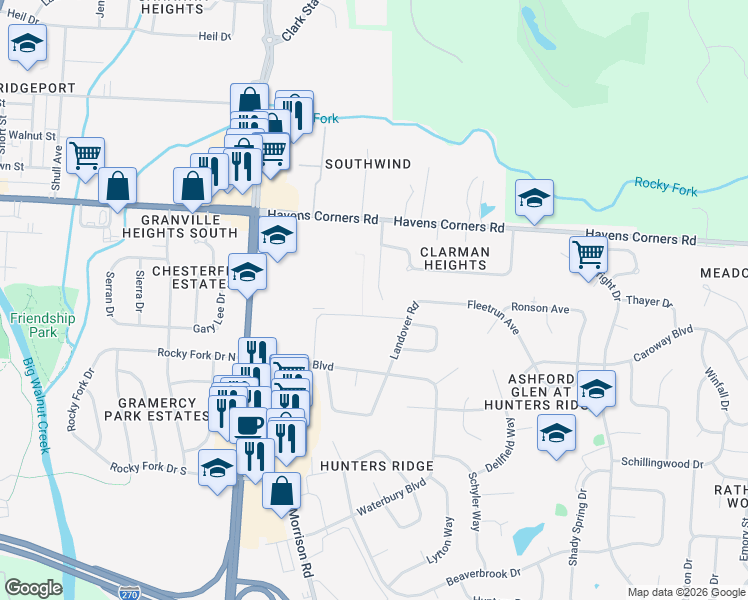 map of restaurants, bars, coffee shops, grocery stores, and more near 145 Savern Place in Gahanna