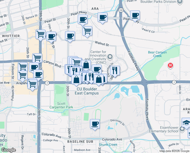map of restaurants, bars, coffee shops, grocery stores, and more near 3301 Arapahoe Avenue in Boulder