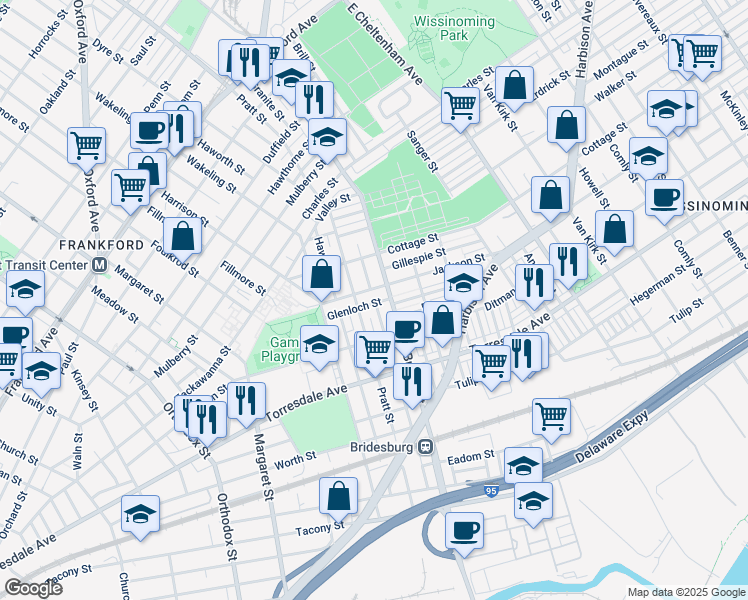 map of restaurants, bars, coffee shops, grocery stores, and more near 5122 Glenloch Street in Philadelphia