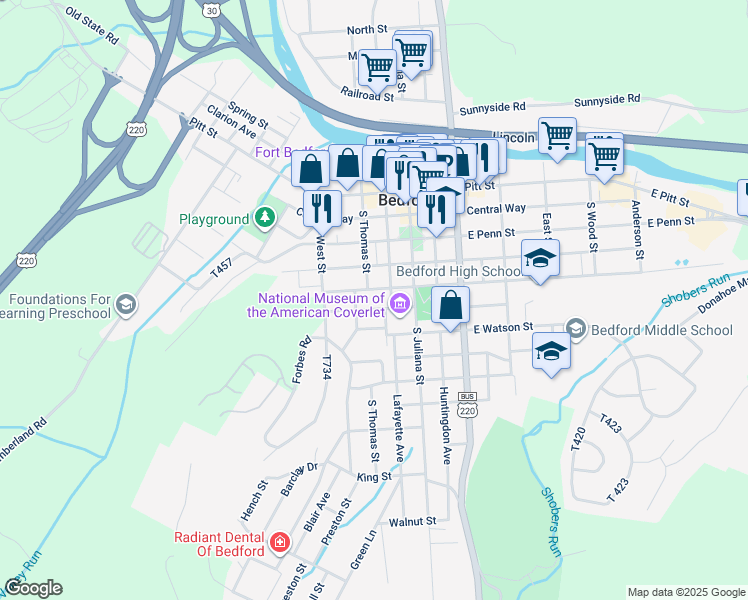 map of restaurants, bars, coffee shops, grocery stores, and more near 147 West John Street in Bedford