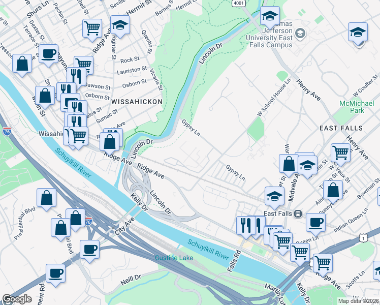 map of restaurants, bars, coffee shops, grocery stores, and more near 4000 Gypsy Lane in Philadelphia