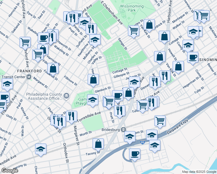 map of restaurants, bars, coffee shops, grocery stores, and more near 5126 Glenloch Street in Philadelphia