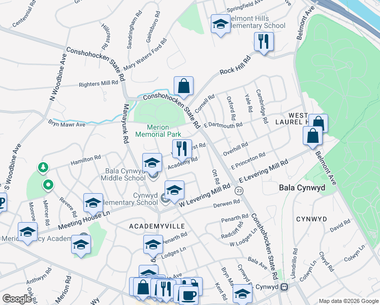 map of restaurants, bars, coffee shops, grocery stores, and more near 20 West Amherst Road in Bala Cynwyd