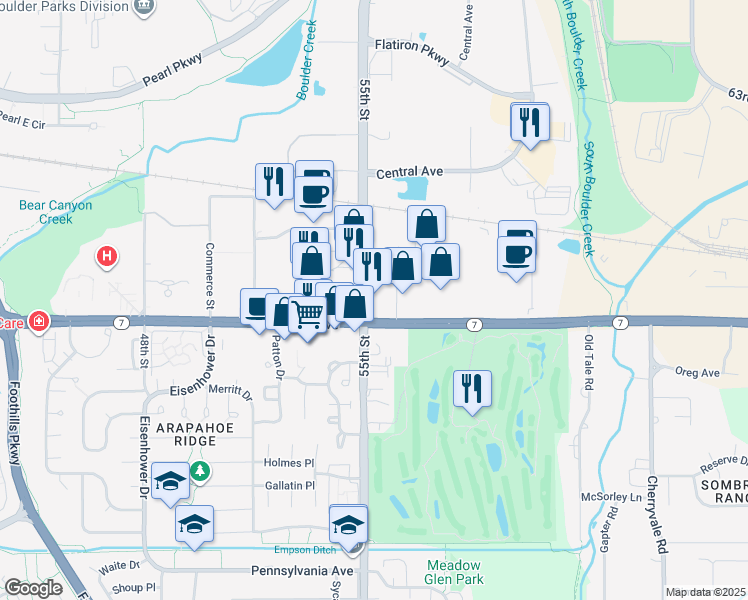 map of restaurants, bars, coffee shops, grocery stores, and more near 5501 Arapahoe Avenue in Boulder