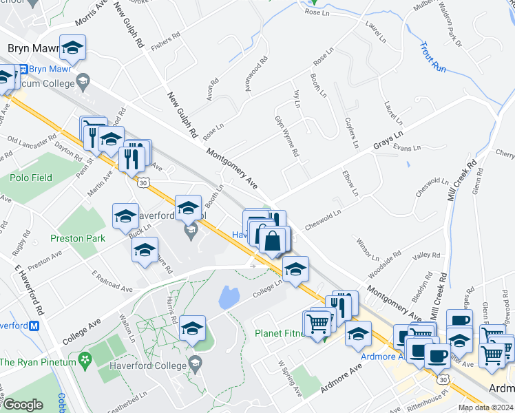 map of restaurants, bars, coffee shops, grocery stores, and more near 414 Old Lancaster Road in Haverford