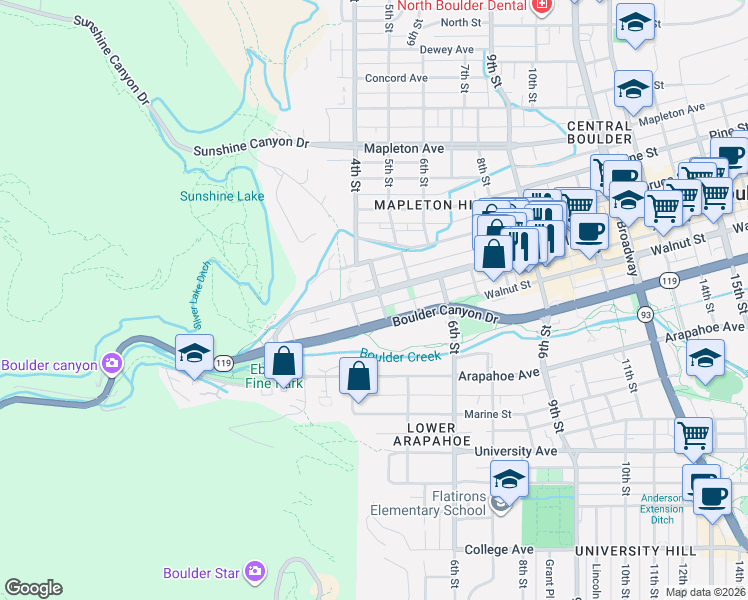 map of restaurants, bars, coffee shops, grocery stores, and more near 320 Pearl Street in Boulder