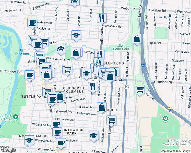 map of restaurants, bars, coffee shops, grocery stores, and more near in Columbus