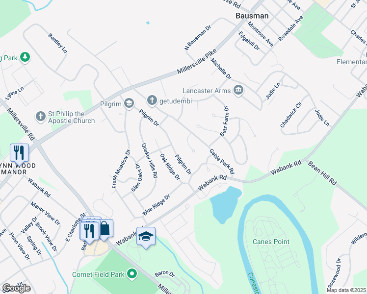 map of restaurants, bars, coffee shops, grocery stores, and more near 1827 Spring Ridge Lane in Lancaster