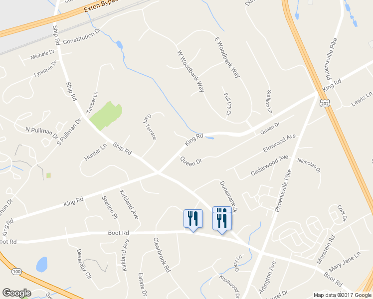map of restaurants, bars, coffee shops, grocery stores, and more near 802 King Road in West Chester