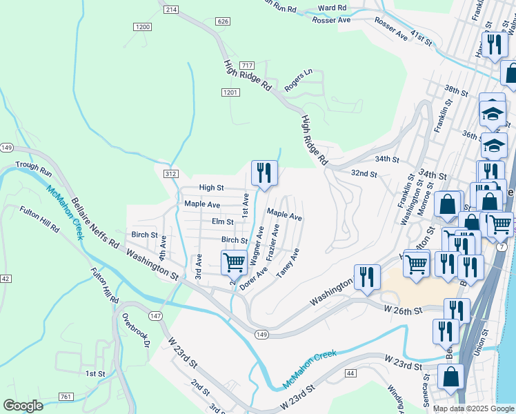 map of restaurants, bars, coffee shops, grocery stores, and more near 255 Wagner Avenue in Bellaire