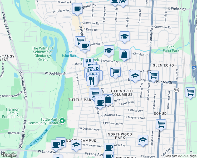 map of restaurants, bars, coffee shops, grocery stores, and more near 39 East Duncan Street in Columbus