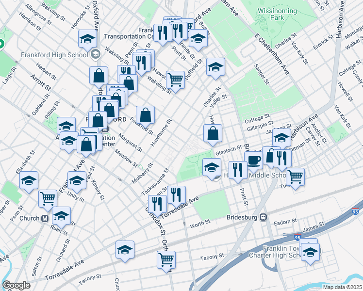 map of restaurants, bars, coffee shops, grocery stores, and more near 4818 Tackawanna Street in Philadelphia