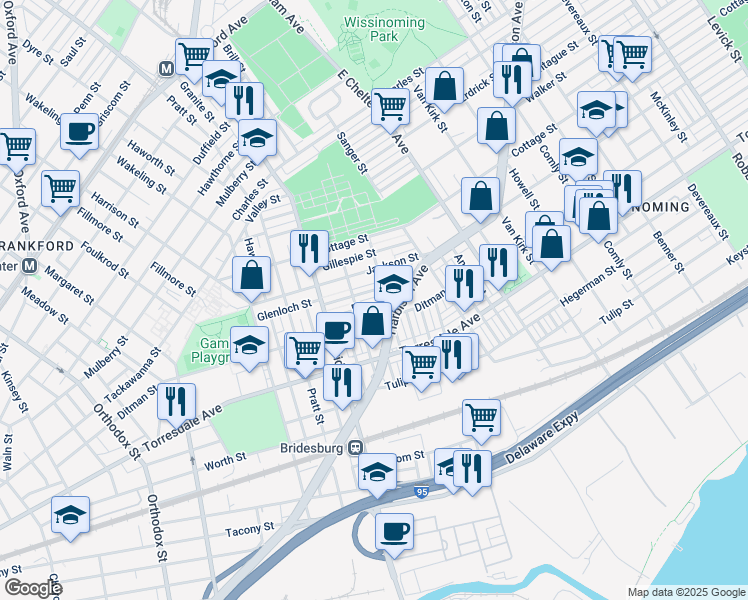 map of restaurants, bars, coffee shops, grocery stores, and more near 5270 Burton Street in Philadelphia