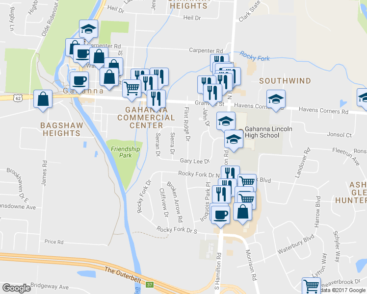 map of restaurants, bars, coffee shops, grocery stores, and more near 163 Flint Ridge Drive in Columbus