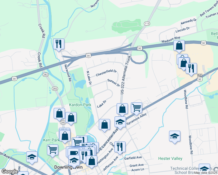 map of restaurants, bars, coffee shops, grocery stores, and more near 140 Lake Drive in Downingtown