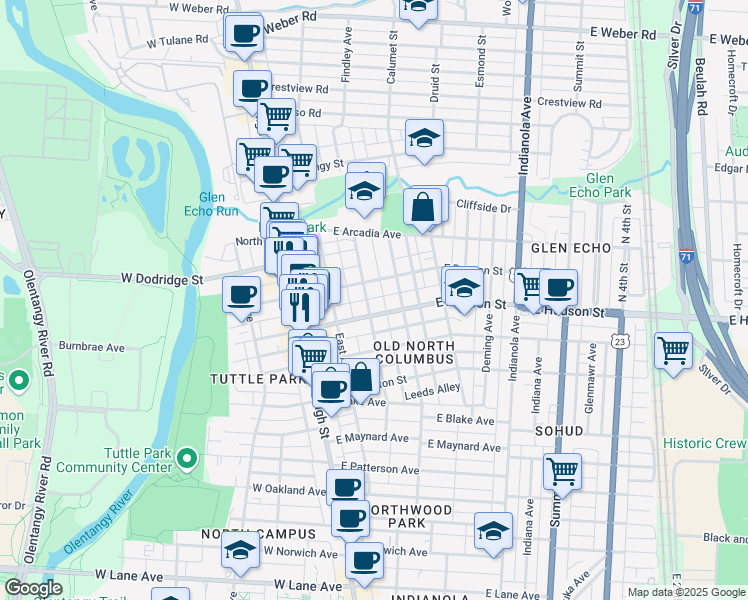 map of restaurants, bars, coffee shops, grocery stores, and more near 2590 Findley Avenue in Columbus