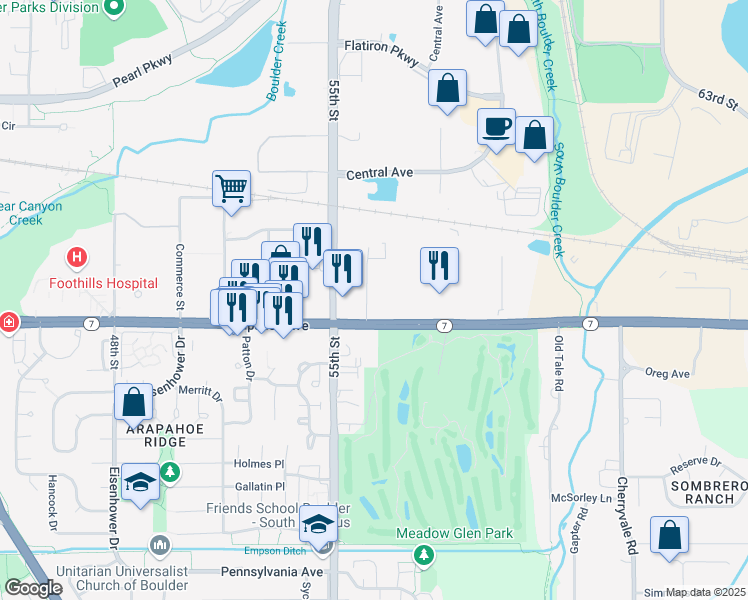map of restaurants, bars, coffee shops, grocery stores, and more near 5565 Arapahoe Ave in Boulder