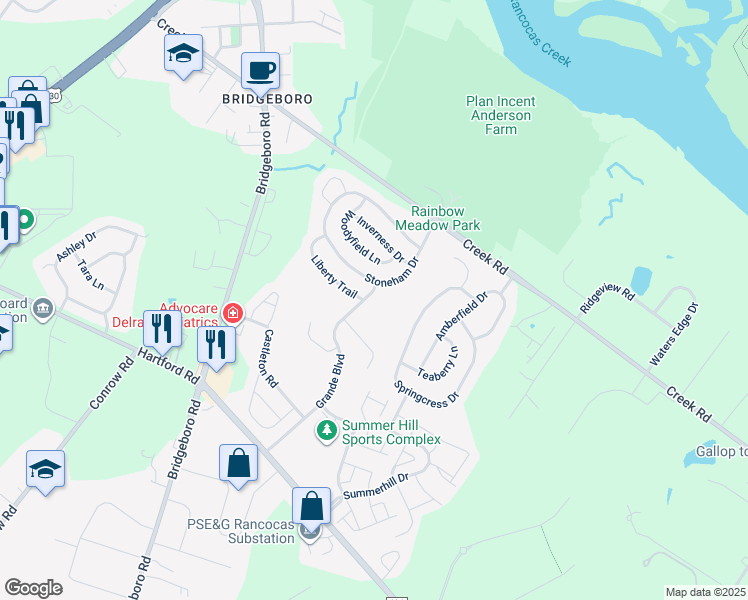 map of restaurants, bars, coffee shops, grocery stores, and more near 5 Grande Boulevard in Tabernacle
