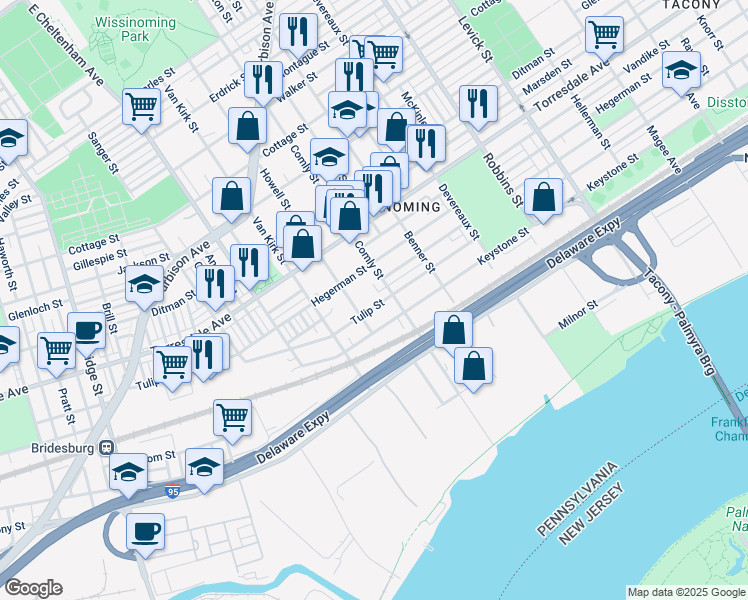 map of restaurants, bars, coffee shops, grocery stores, and more near 5916 Tulip Street in Philadelphia