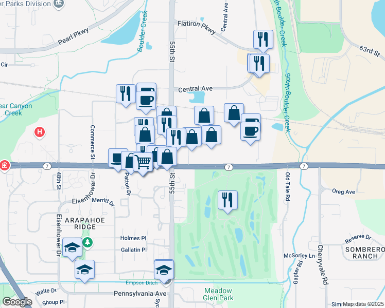 map of restaurants, bars, coffee shops, grocery stores, and more near 5565 Arapahoe Avenue in Boulder