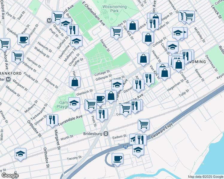 map of restaurants, bars, coffee shops, grocery stores, and more near 5274 Burton Street in Philadelphia