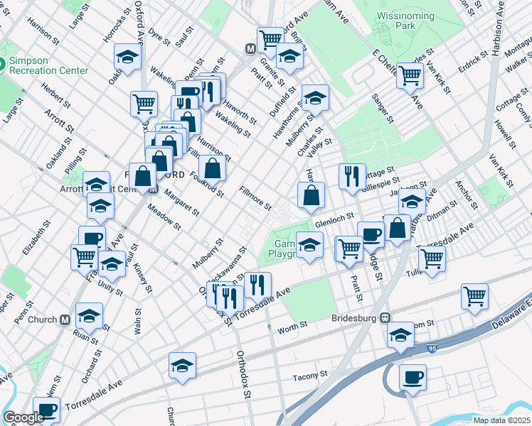 map of restaurants, bars, coffee shops, grocery stores, and more near 4820 Tackawanna Street in Philadelphia