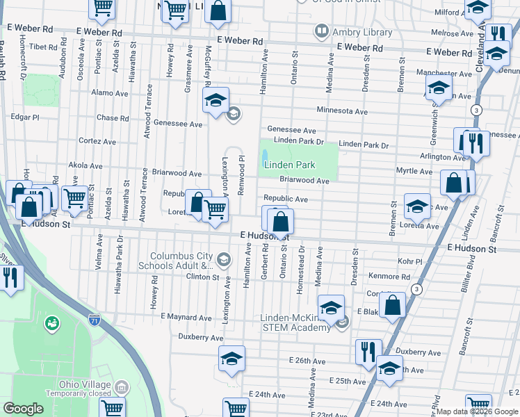 map of restaurants, bars, coffee shops, grocery stores, and more near 2428 Hamilton Avenue in Columbus