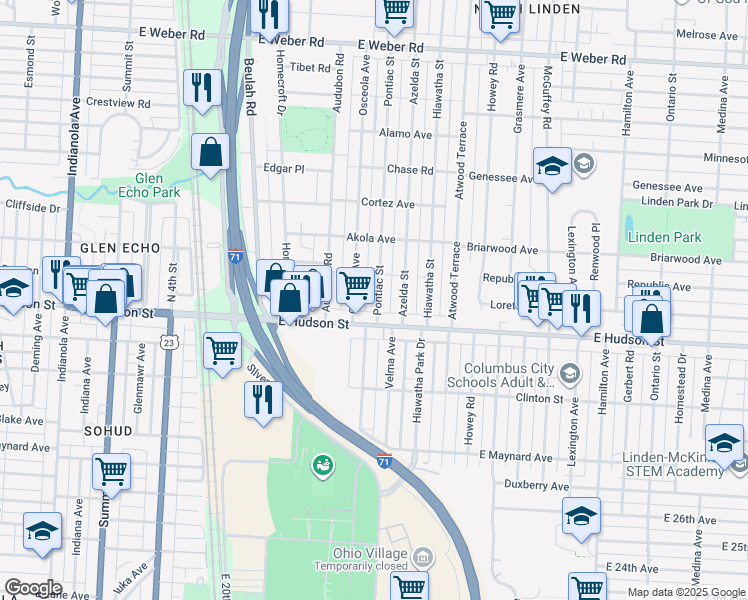 map of restaurants, bars, coffee shops, grocery stores, and more near 2479 Pontiac Street in Columbus