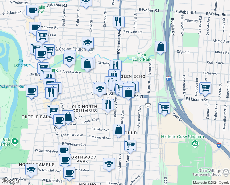 map of restaurants, bars, coffee shops, grocery stores, and more near 2553 Indianola Avenue in Columbus