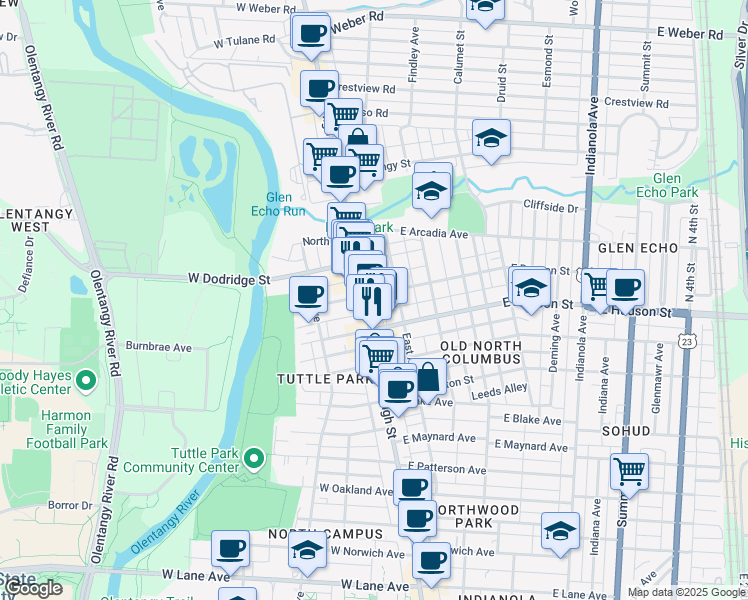 map of restaurants, bars, coffee shops, grocery stores, and more near 15 East Duncan Street in Columbus