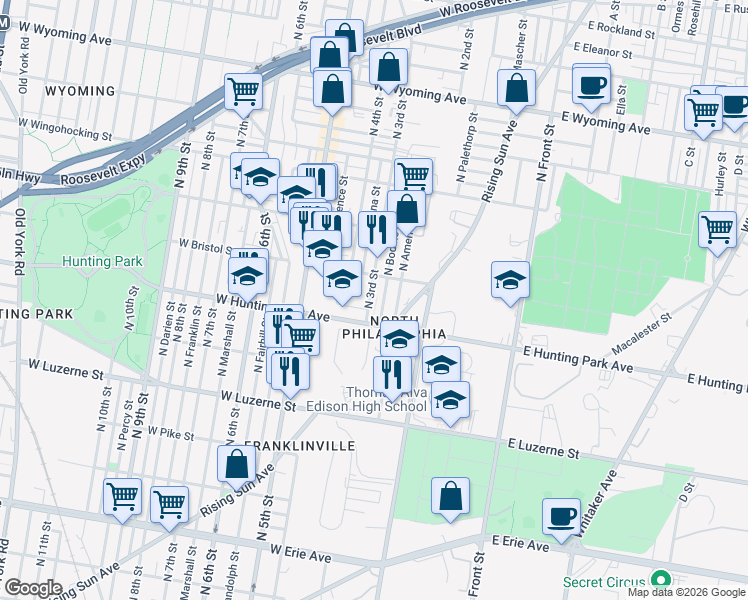 map of restaurants, bars, coffee shops, grocery stores, and more near 4231 North 3rd Street in Philadelphia
