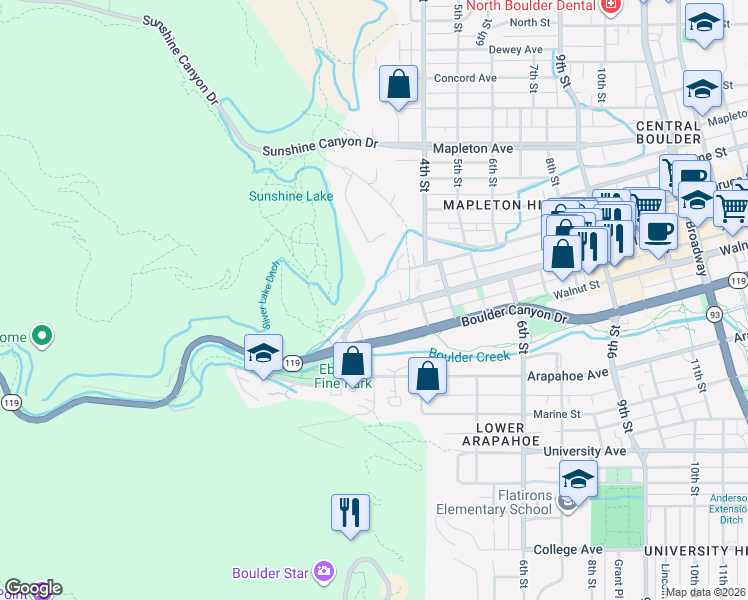 map of restaurants, bars, coffee shops, grocery stores, and more near 211 Pearl Street in Boulder