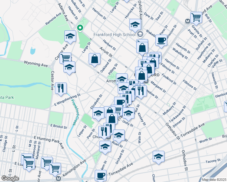 map of restaurants, bars, coffee shops, grocery stores, and more near 4511 Leiper Street in Philadelphia