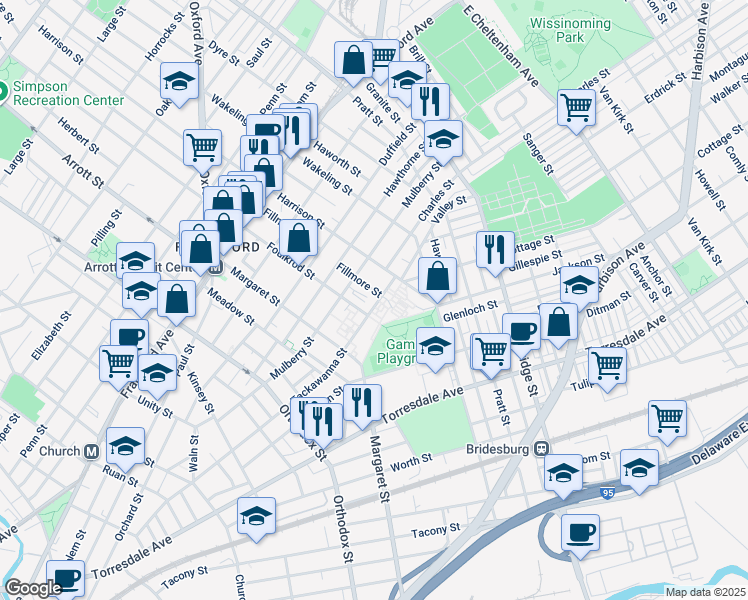 map of restaurants, bars, coffee shops, grocery stores, and more near 4820 Tackawanna Street in Philadelphia