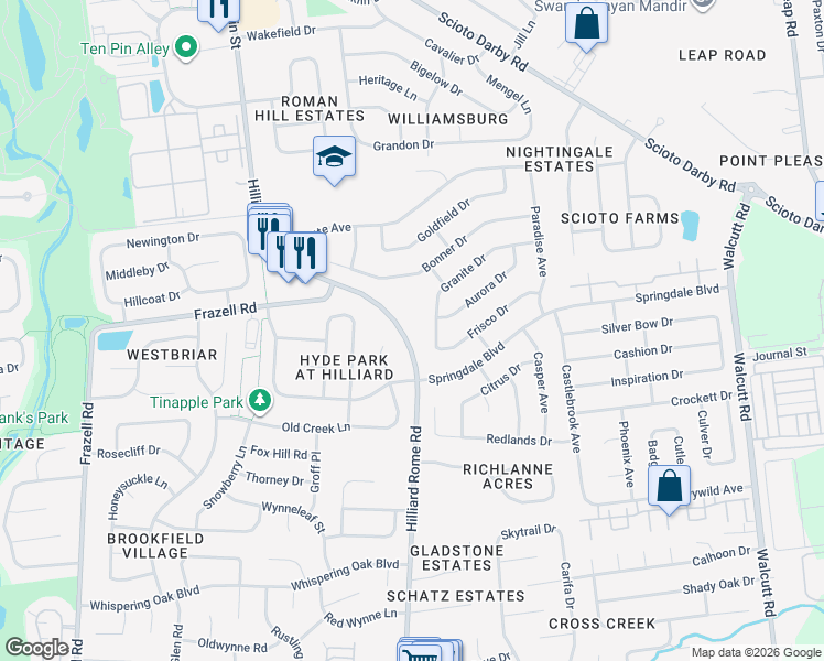map of restaurants, bars, coffee shops, grocery stores, and more near 3106 Hyde Park Court in Hilliard