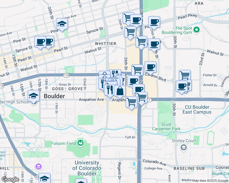 map of restaurants, bars, coffee shops, grocery stores, and more near 1715 Folsom Street in Boulder