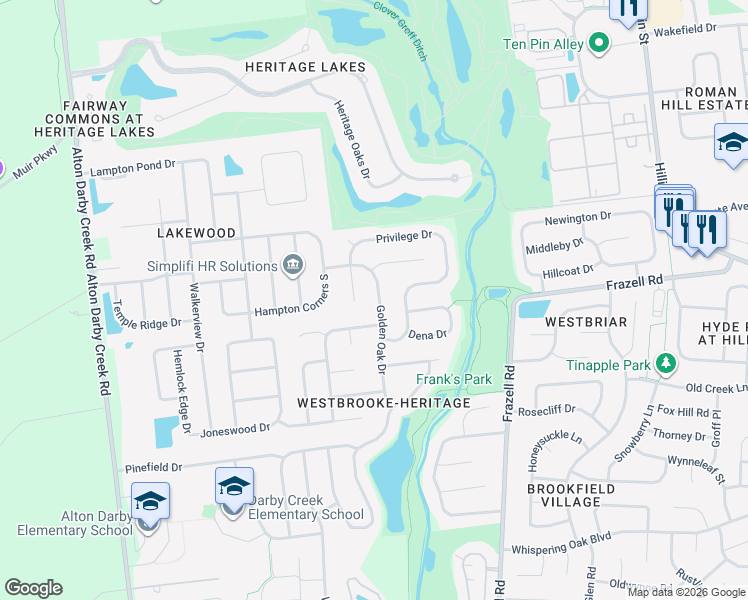 map of restaurants, bars, coffee shops, grocery stores, and more near 3161 Golden Oak Drive in Hilliard