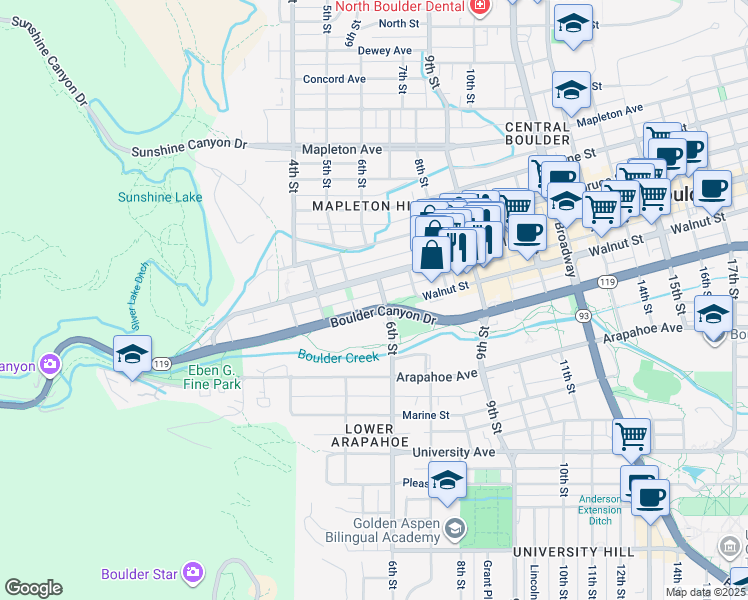 map of restaurants, bars, coffee shops, grocery stores, and more near 537 Canyon Boulevard in Boulder