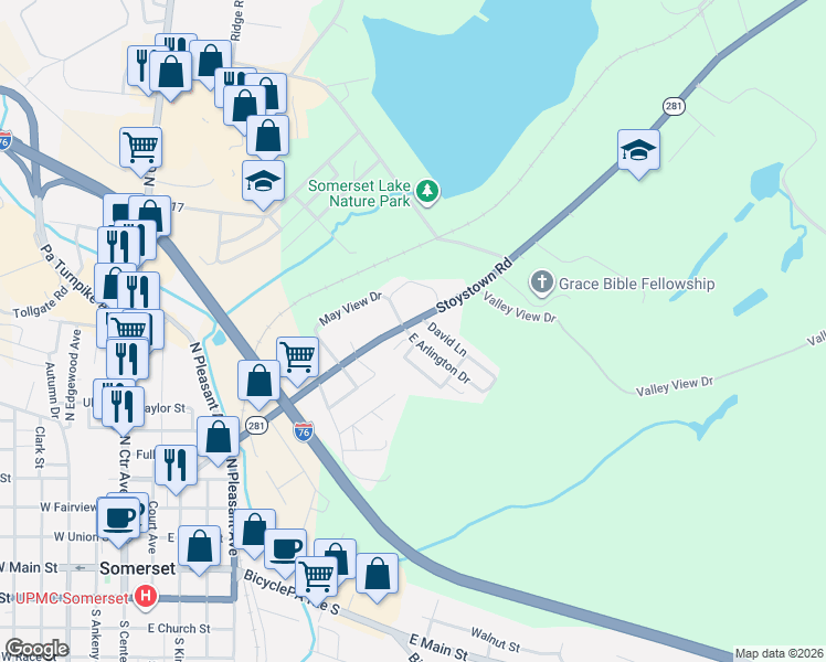 map of restaurants, bars, coffee shops, grocery stores, and more near 118 Don Lane in Somerset