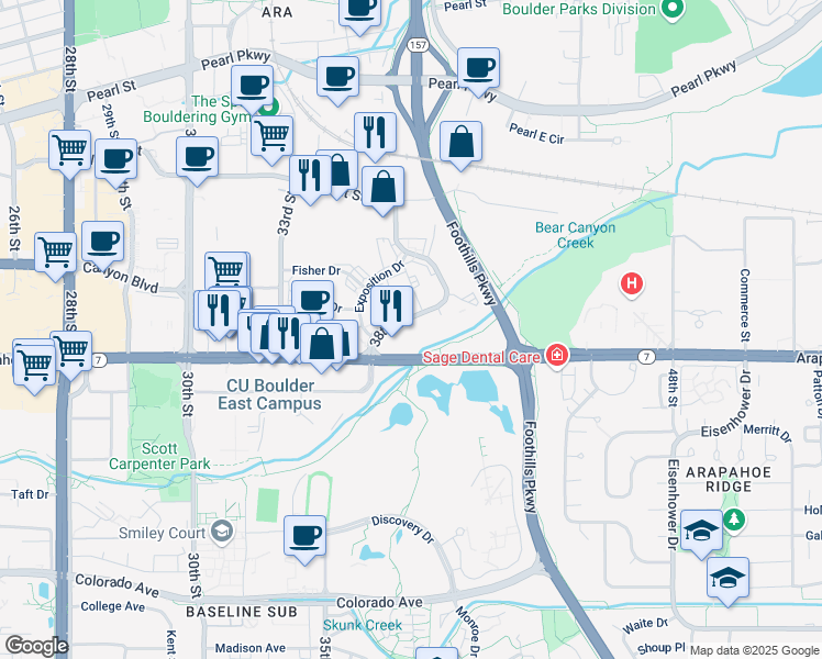 map of restaurants, bars, coffee shops, grocery stores, and more near 1650 38th Street in Boulder