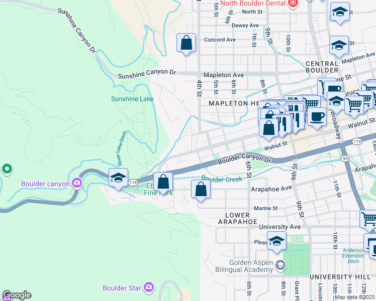 map of restaurants, bars, coffee shops, grocery stores, and more near 295 Pearl Street in Boulder