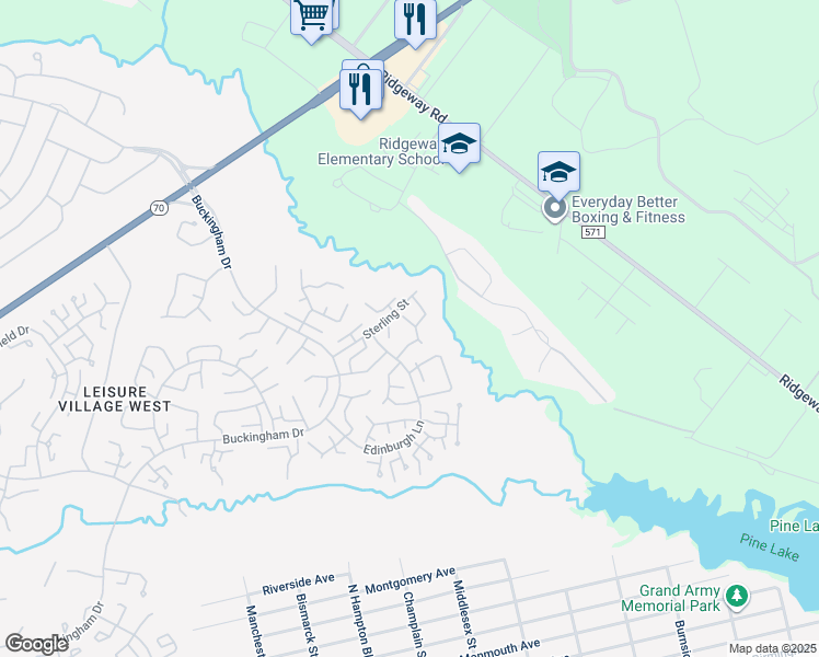 map of restaurants, bars, coffee shops, grocery stores, and more near 45B Sterling Street in Toms River