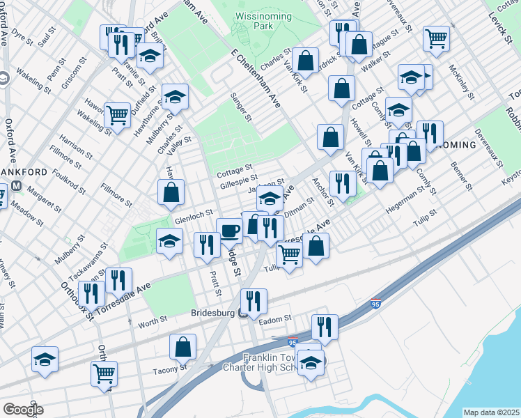 map of restaurants, bars, coffee shops, grocery stores, and more near 5280 Burton Street in Philadelphia