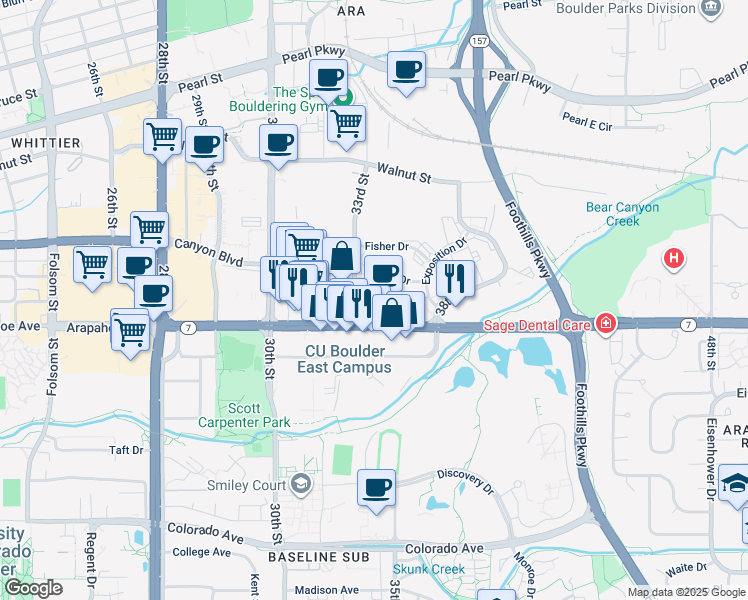 map of restaurants, bars, coffee shops, grocery stores, and more near 3301 Arapahoe Avenue in Boulder